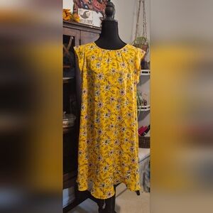 Loft Boho Floral Yellow Dress Cap Sleeves Large